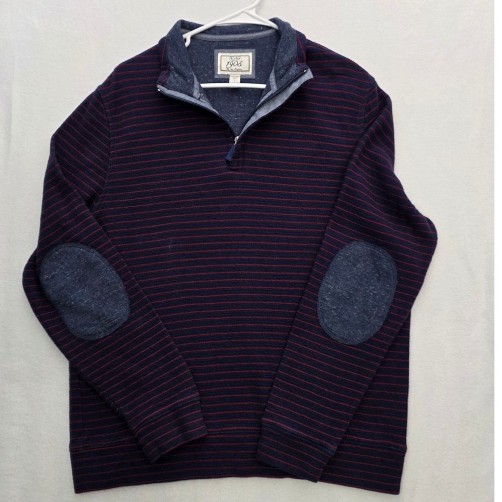 Jos. A. Bank 1905 Quarter Zip Pullover L Blue Red Striped Elbow Patch Tailored